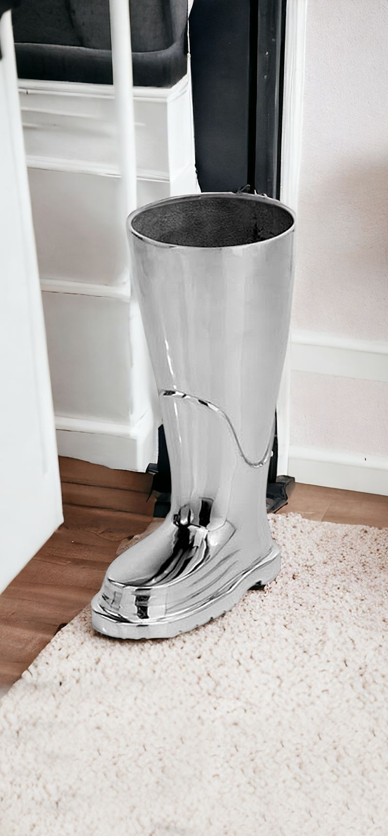 16" Silver Buffed Aluminum Firefighter Boot Umbrella Stand Sculpture - Image 3