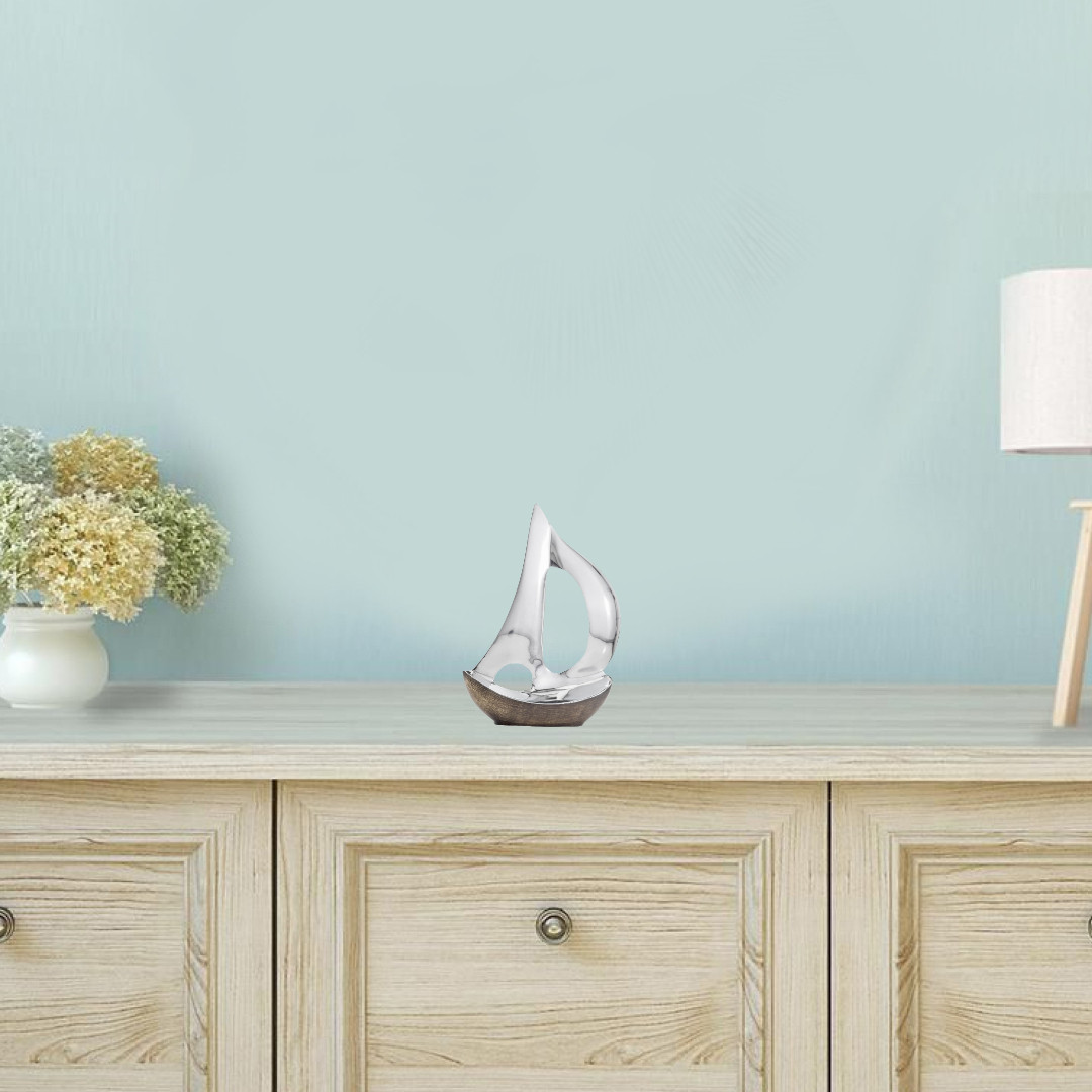 12" Brown and Silver Buffed Aluminum Sailboat Tabletop Sculpture - Image 6