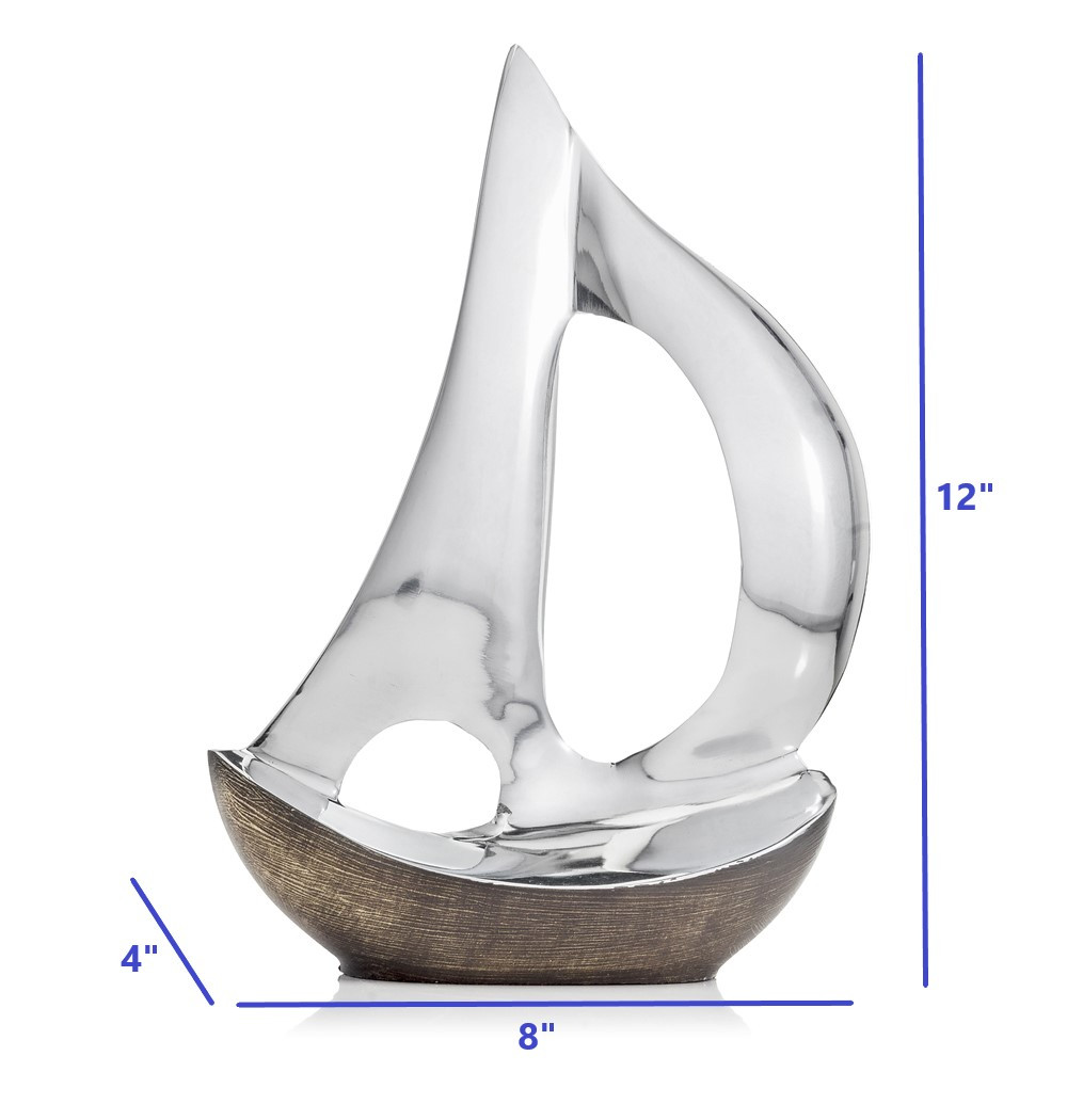12" Brown and Silver Buffed Aluminum Sailboat Tabletop Sculpture - Image 7