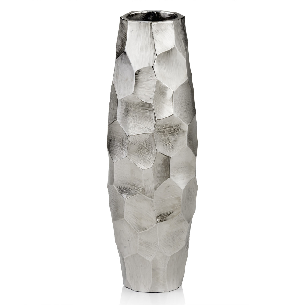 14" Aluminum Silver Faceted Geometric Cylinder Table Vase - Image 5