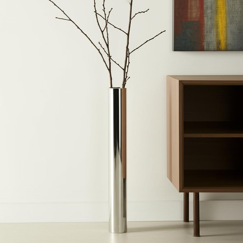 48" Silver Cylinder Aluminum Floor Vase