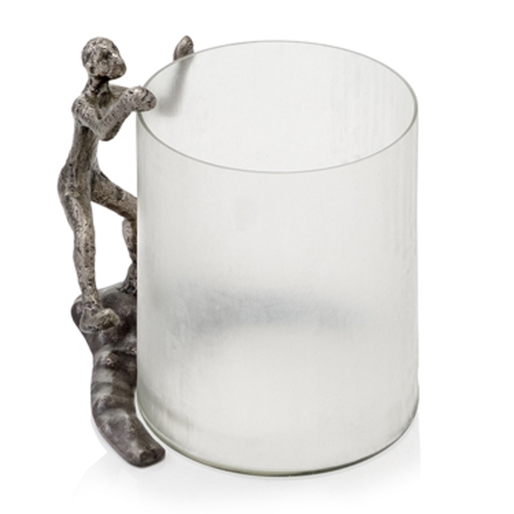 10" Silver And Glass Climbing Man Hurricane Candle Holder - Image 2