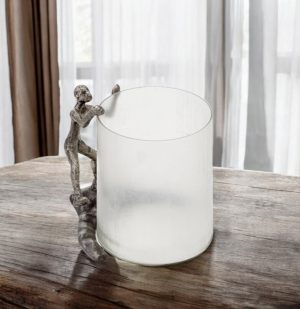 10" Silver And Glass Climbing Man Hurricane Candle Holder