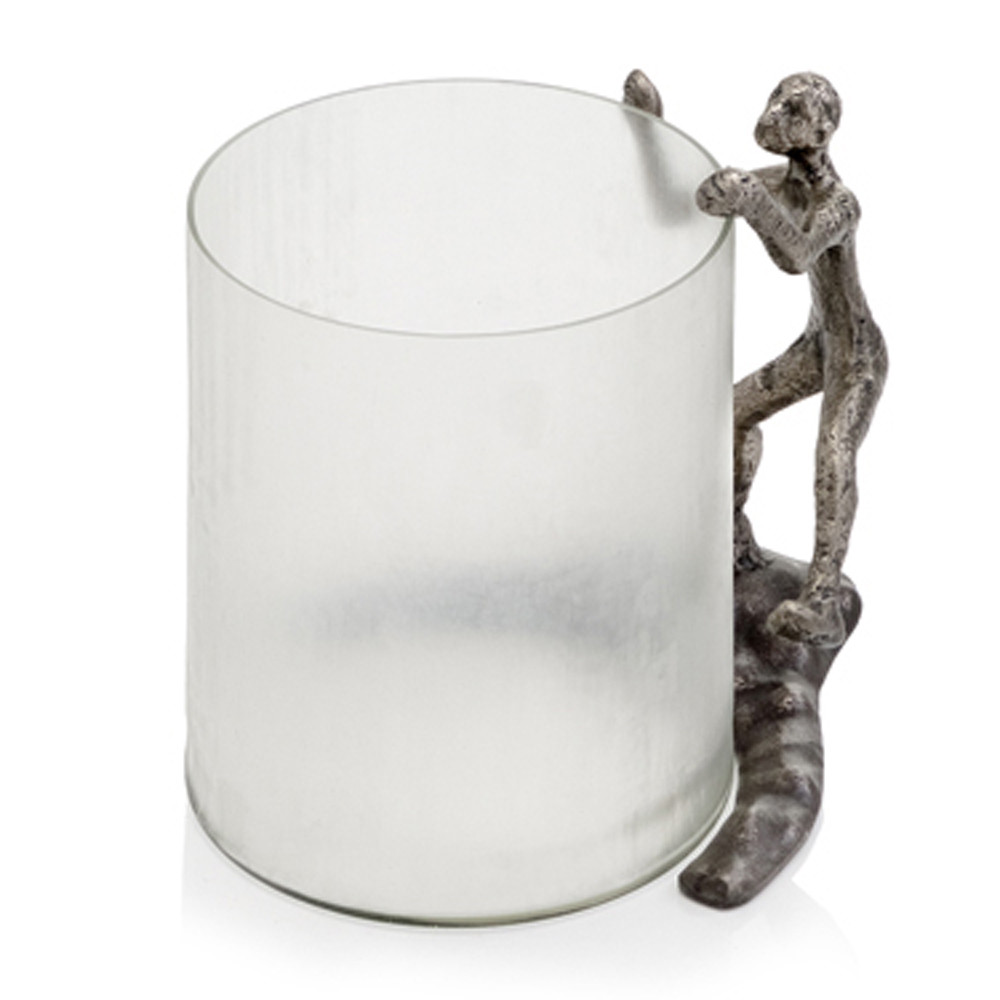 10" Silver And Glass Climbing Man Hurricane Candle Holder - Image 3
