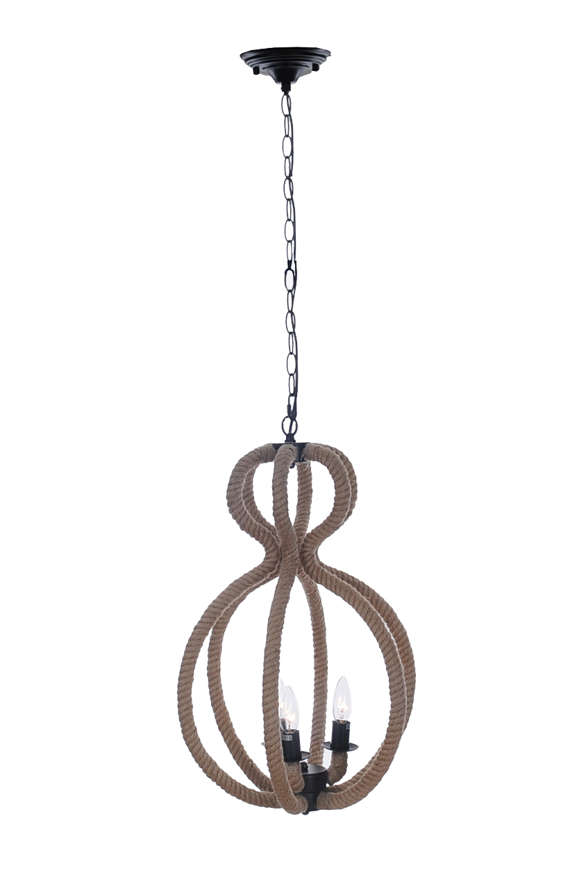 Natural and Black Iron and Rope Three Light Ceiling Light - Image 2