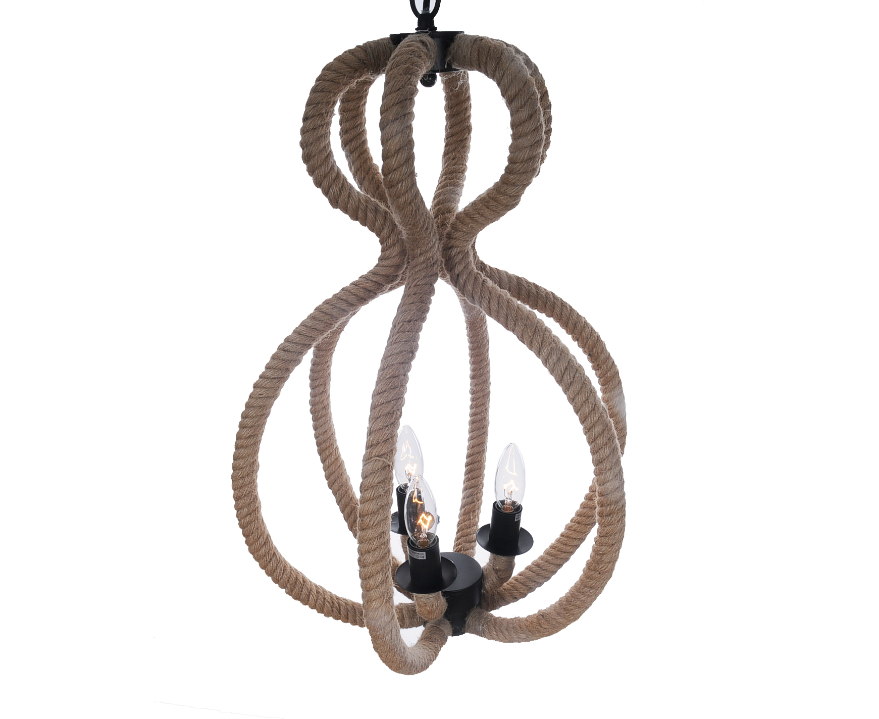 Natural and Black Iron and Rope Three Light Ceiling Light - Image 4