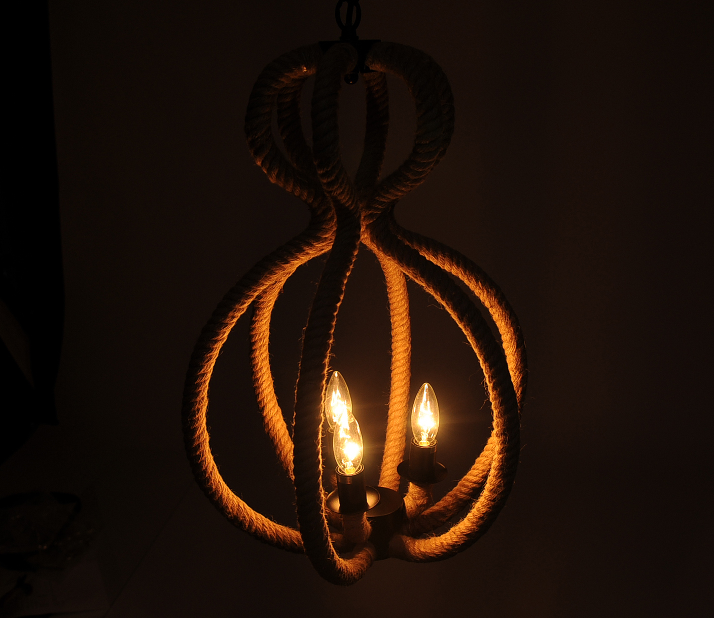 Natural and Black Iron and Rope Three Light Ceiling Light - Image 7