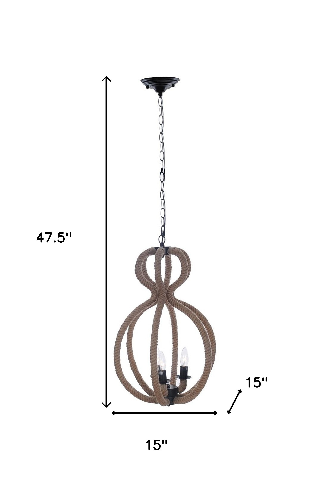 Natural and Black Iron and Rope Three Light Ceiling Light - Image 8