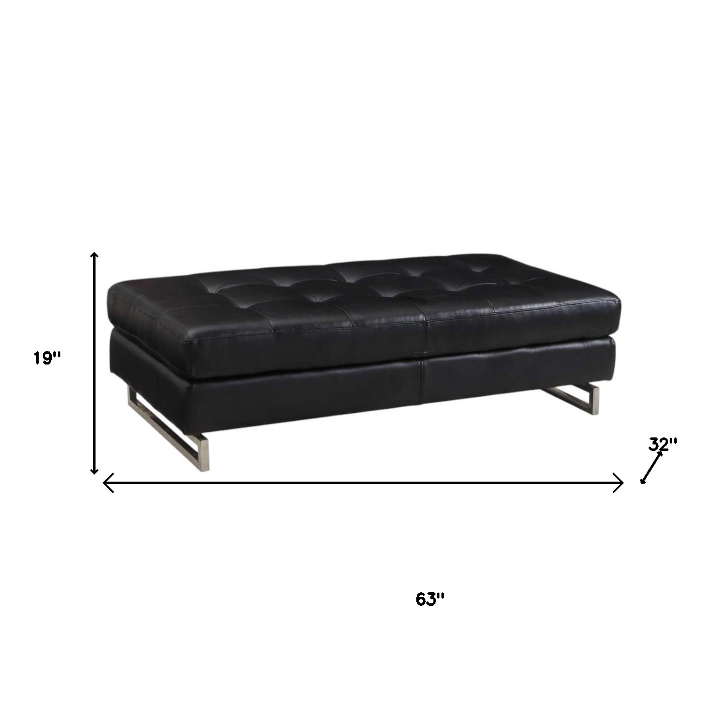 63" Black Tufted Faux Leather and Silver Ottoman - Image 7