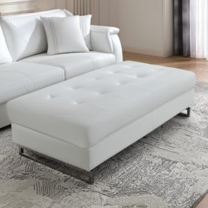 63" White and Silver Faux Leather Ottoman