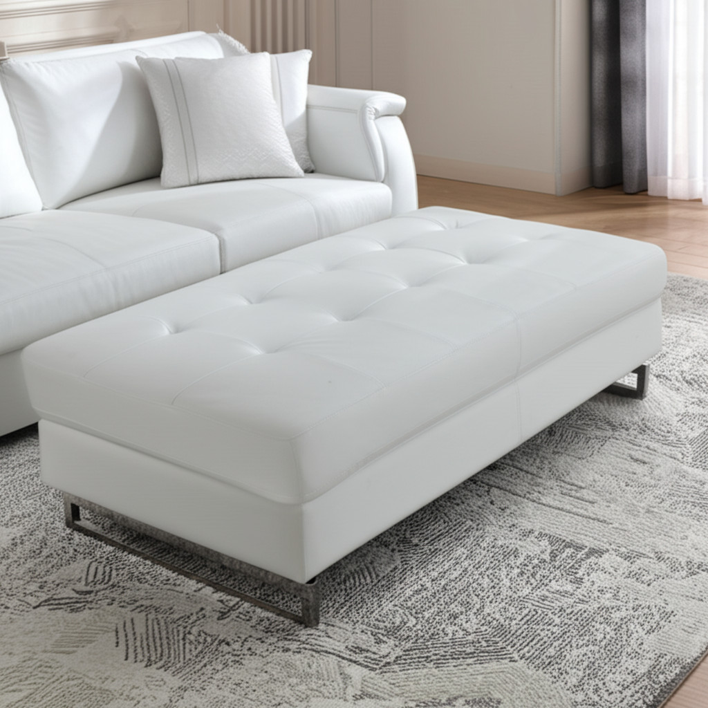 63" White and Silver Faux Leather Ottoman
