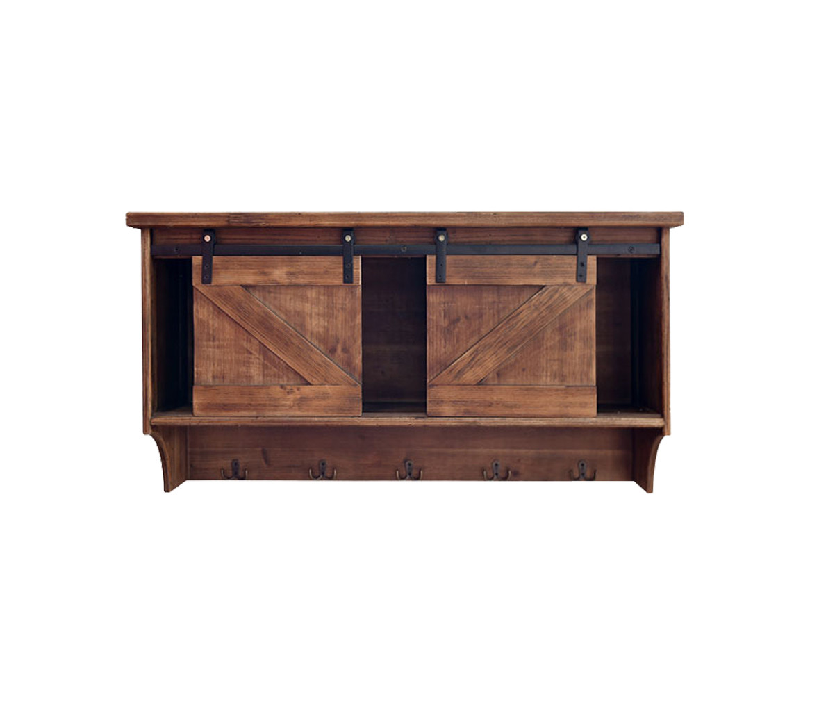 40" Brown Wood Five Hook Shelf With Barn Door Storage - Image 2