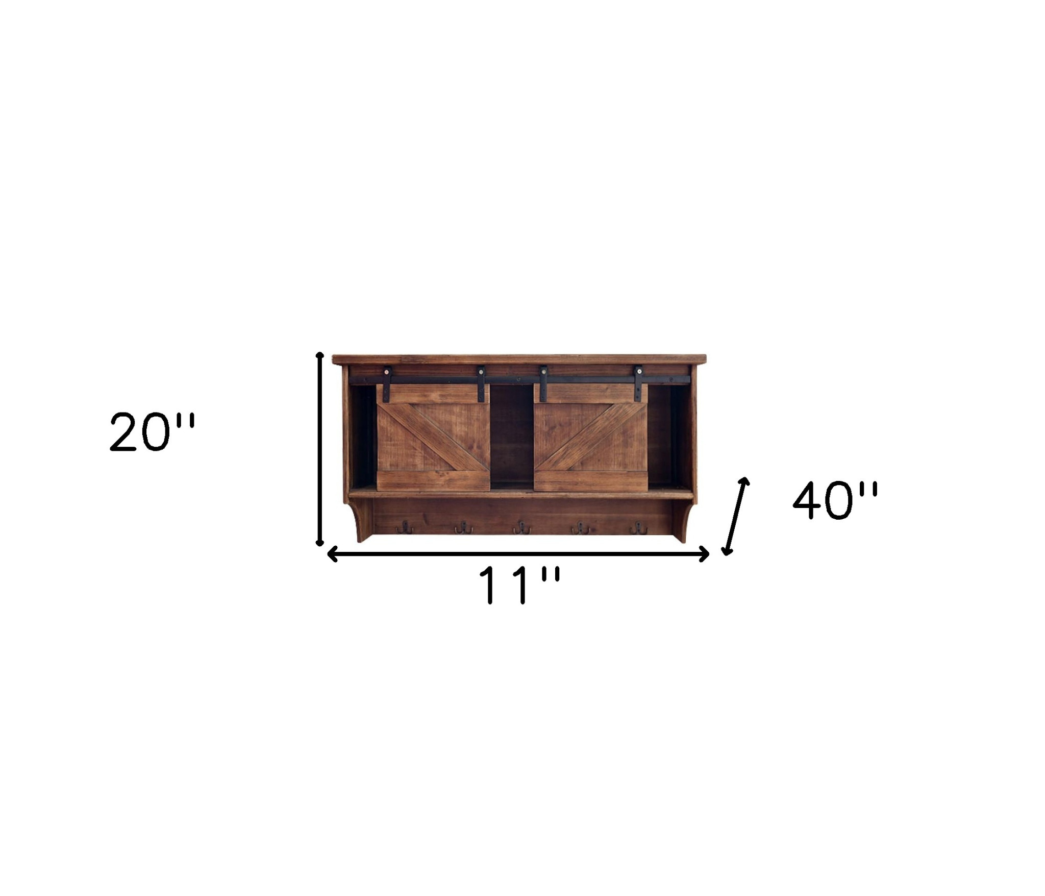 40" Brown Wood Five Hook Shelf With Barn Door Storage - Image 11