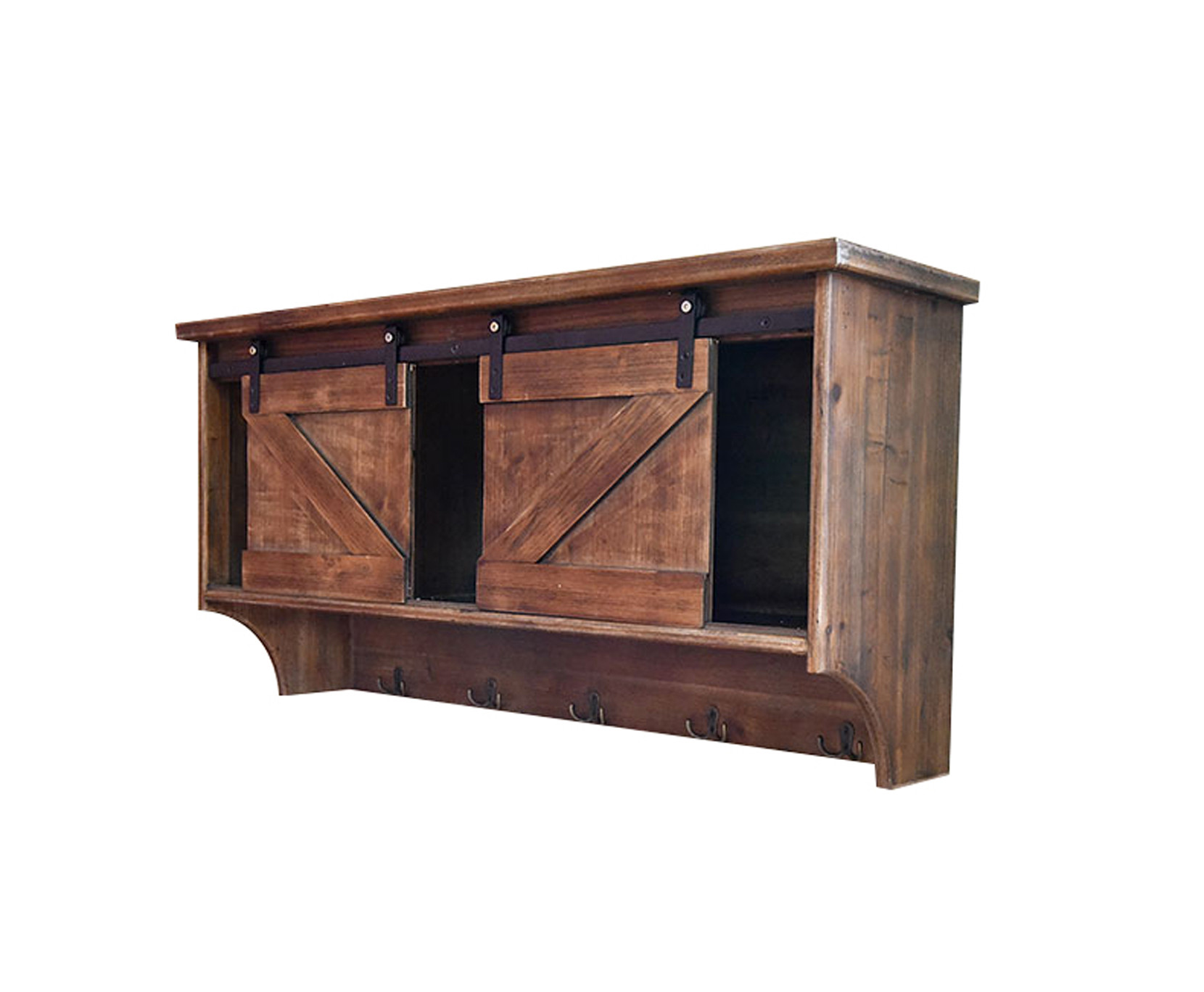 40" Brown Wood Five Hook Shelf With Barn Door Storage - Image 3