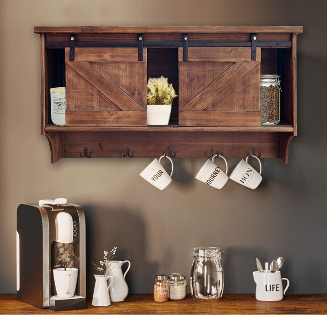 40" Brown Wood Five Hook Shelf With Barn Door Storage - Image 8
