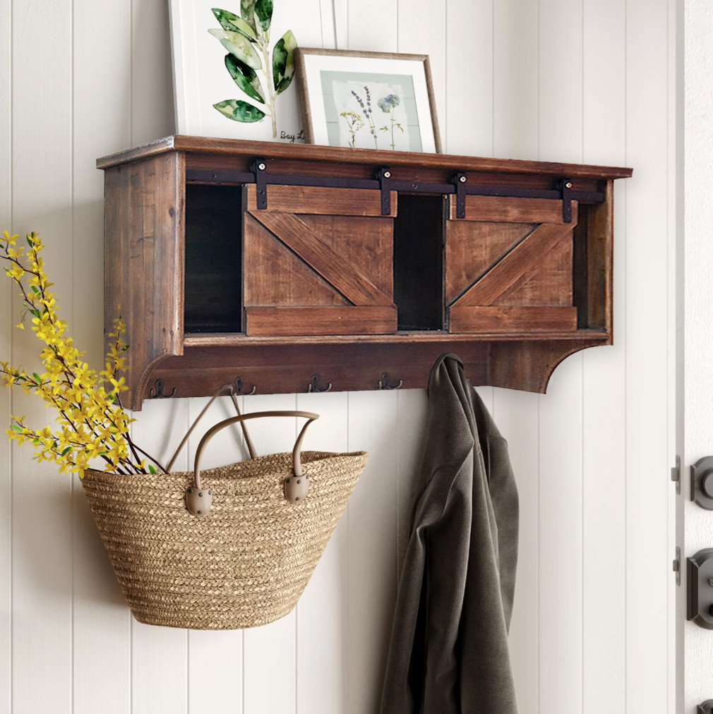 40" Brown Wood Five Hook Shelf With Barn Door Storage - Image 9