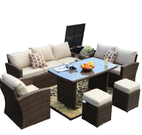 179.85" X 31.89" 32.68" Brown 7Piece Steel Outdoor Sectional Sofa Set With Ottomans And Storage Box - Image 2