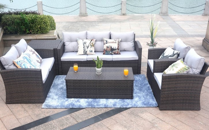 Six Piece Outdoor Brown Metal Sofa Seating Group With Cushions - Image 6