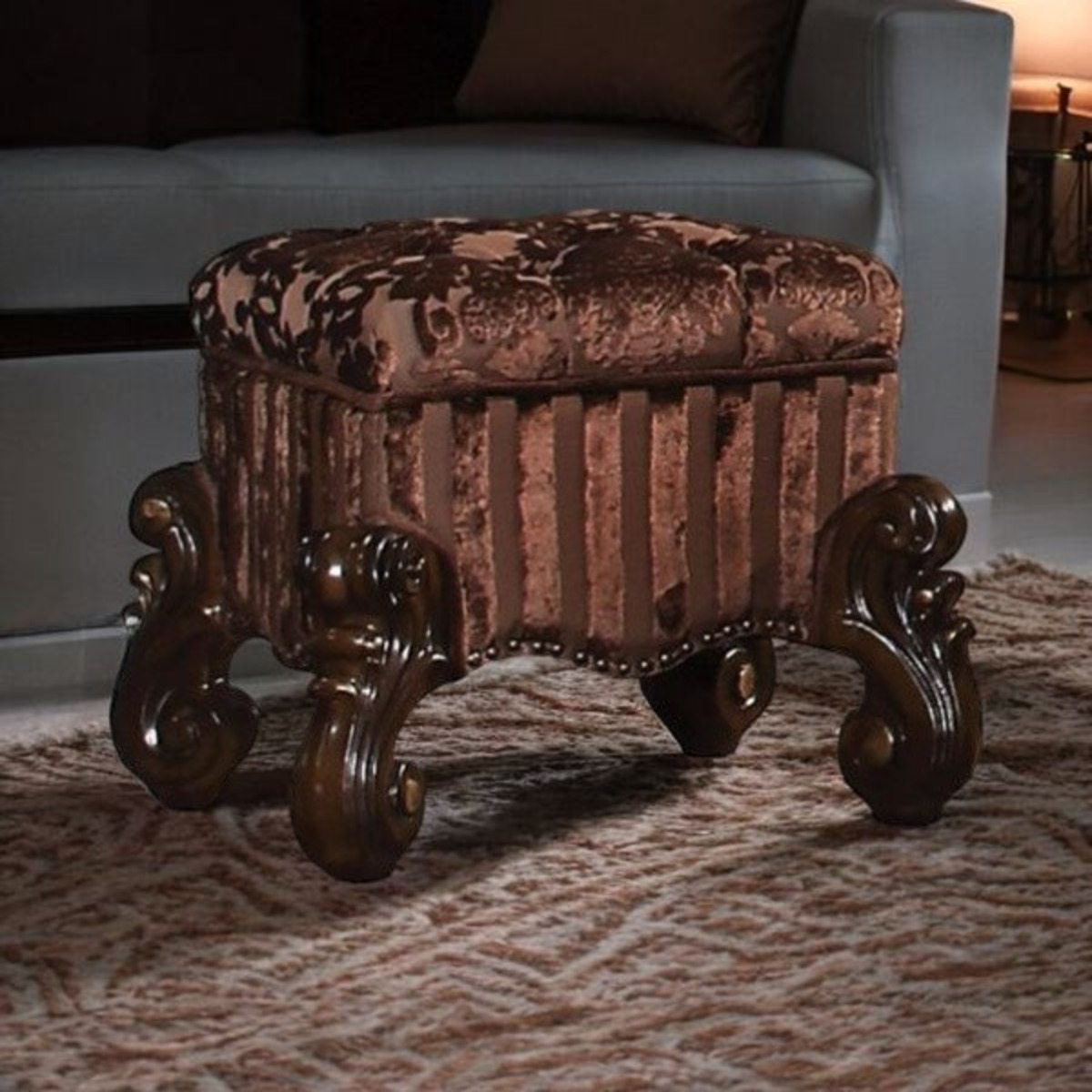 22" Chocolate Fabric Damask Footstool - Image 2