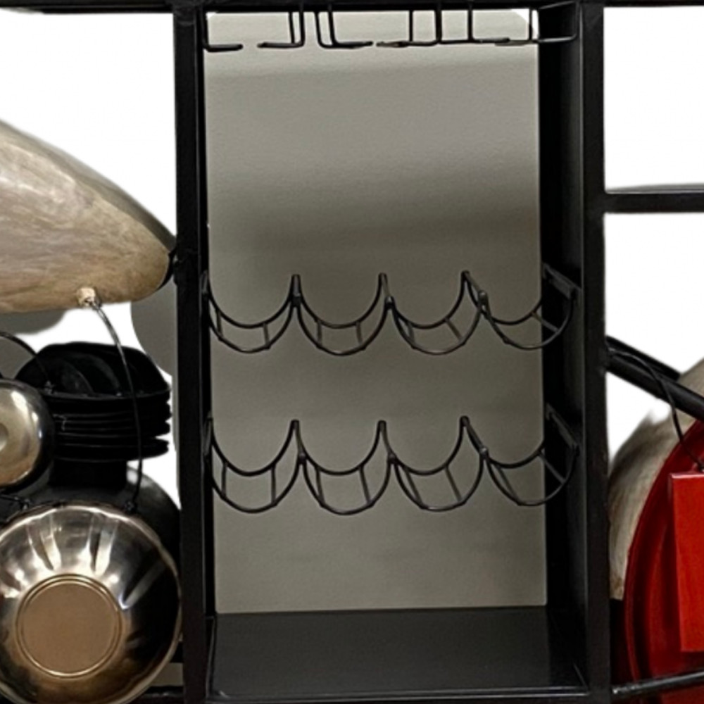 Red and Black Metal And Wood Rolling Glider Bike Bar Cart With Wine Storage - Image 6