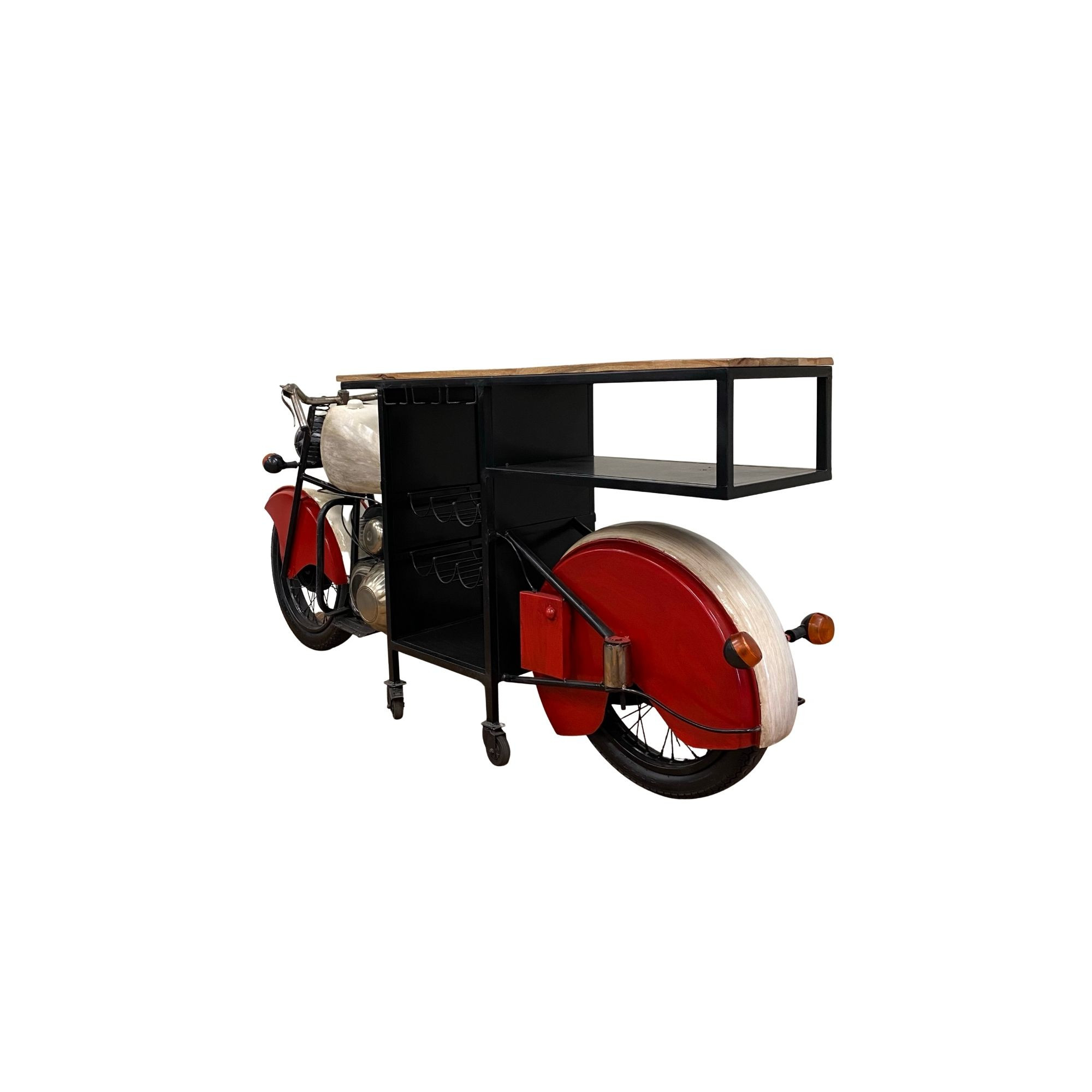 Red and Black Metal And Wood Rolling Glider Bike Bar Cart With Wine Storage - Image 4