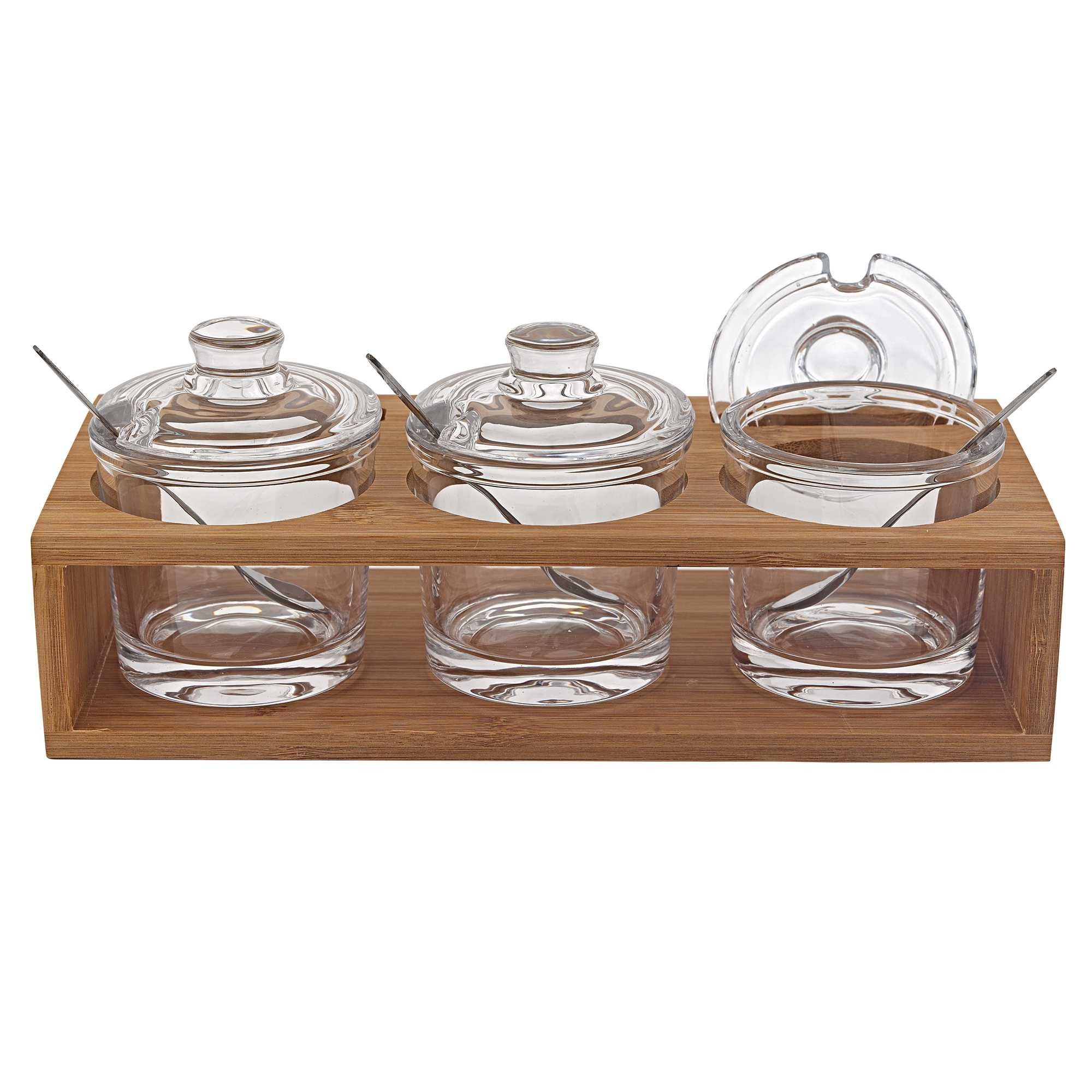 6 Mouth Blown Crystal Jam Set With 3 Glass Jars And Spoons On A Wood Stand - Image 3