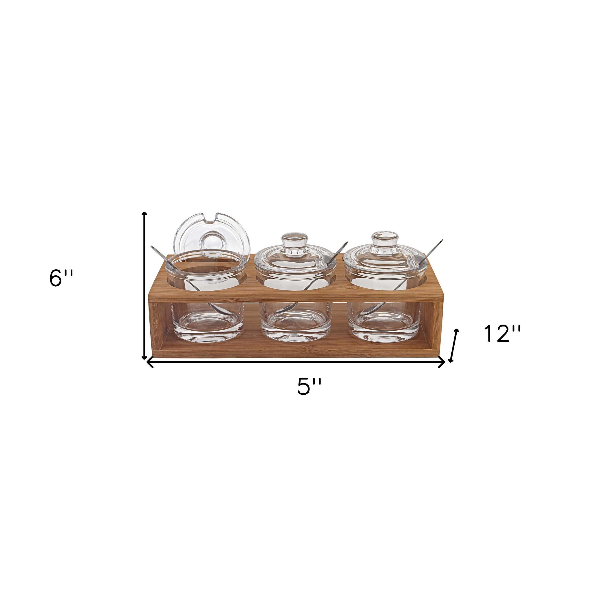 6 Mouth Blown Crystal Jam Set With 3 Glass Jars And Spoons On A Wood Stand - Image 8