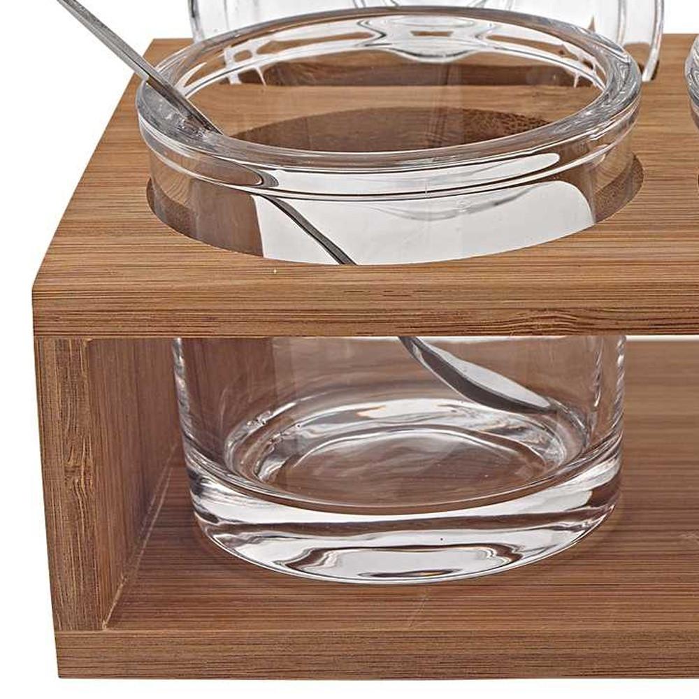 6 Mouth Blown Crystal Jam Set With 3 Glass Jars And Spoons On A Wood Stand - Image 7