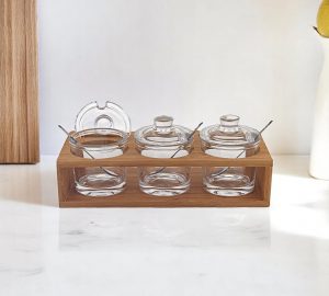 6 Mouth Blown Crystal Jam Set With 3 Glass Jars And Spoons On A Wood Stand