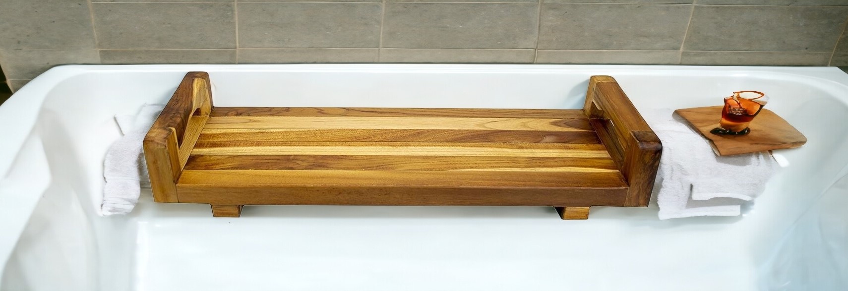 29"W Natural Teak Bath Tray and Seat with Handles - Image 3