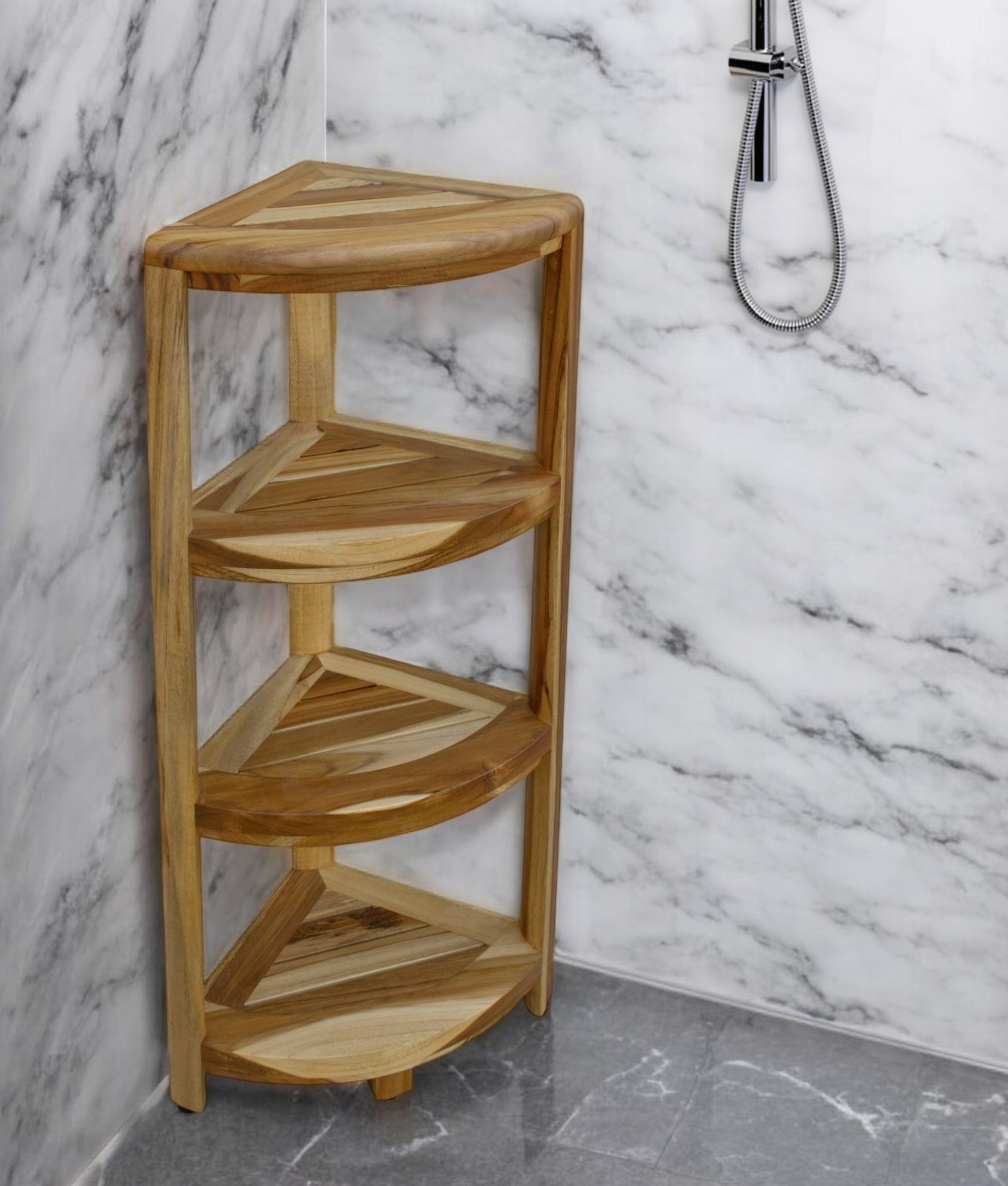 38" Natural Solid Teak Wood Freestanding Corner Shelving Unit