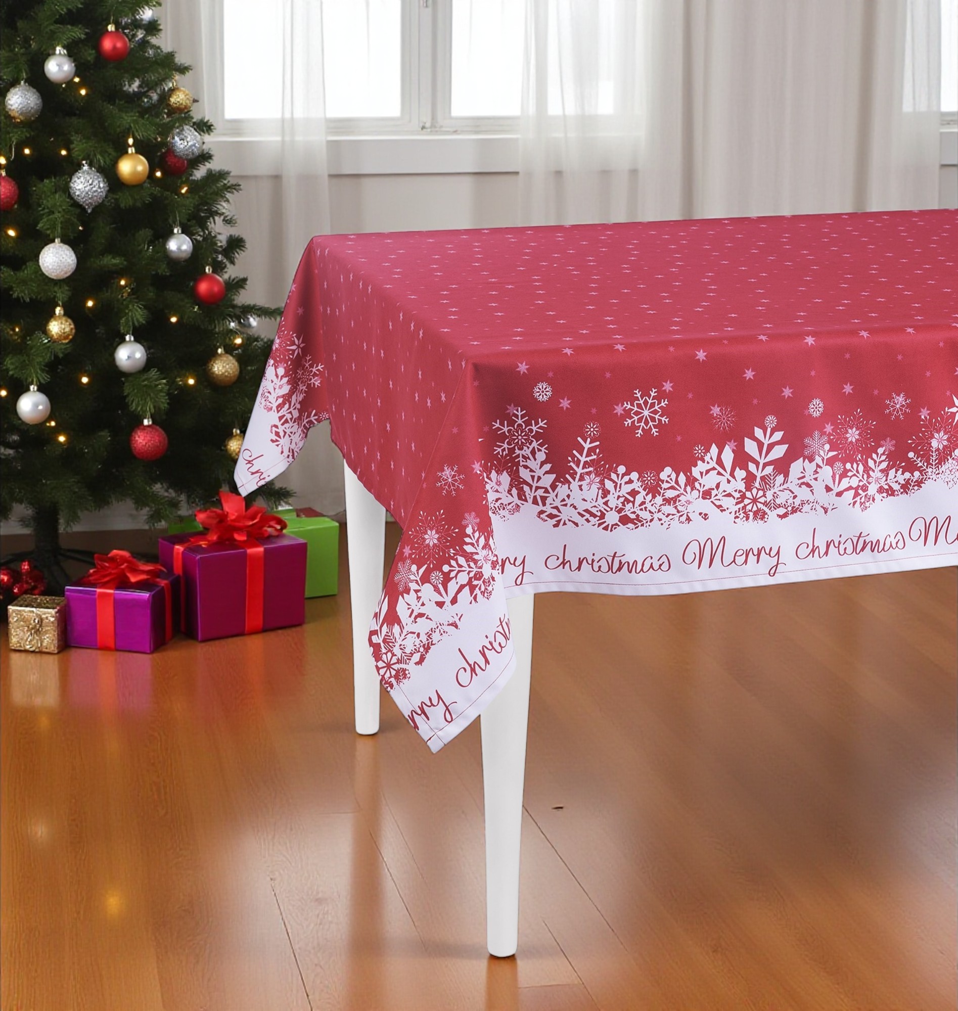 55" X 84" Red And White Polyester Tablecloth