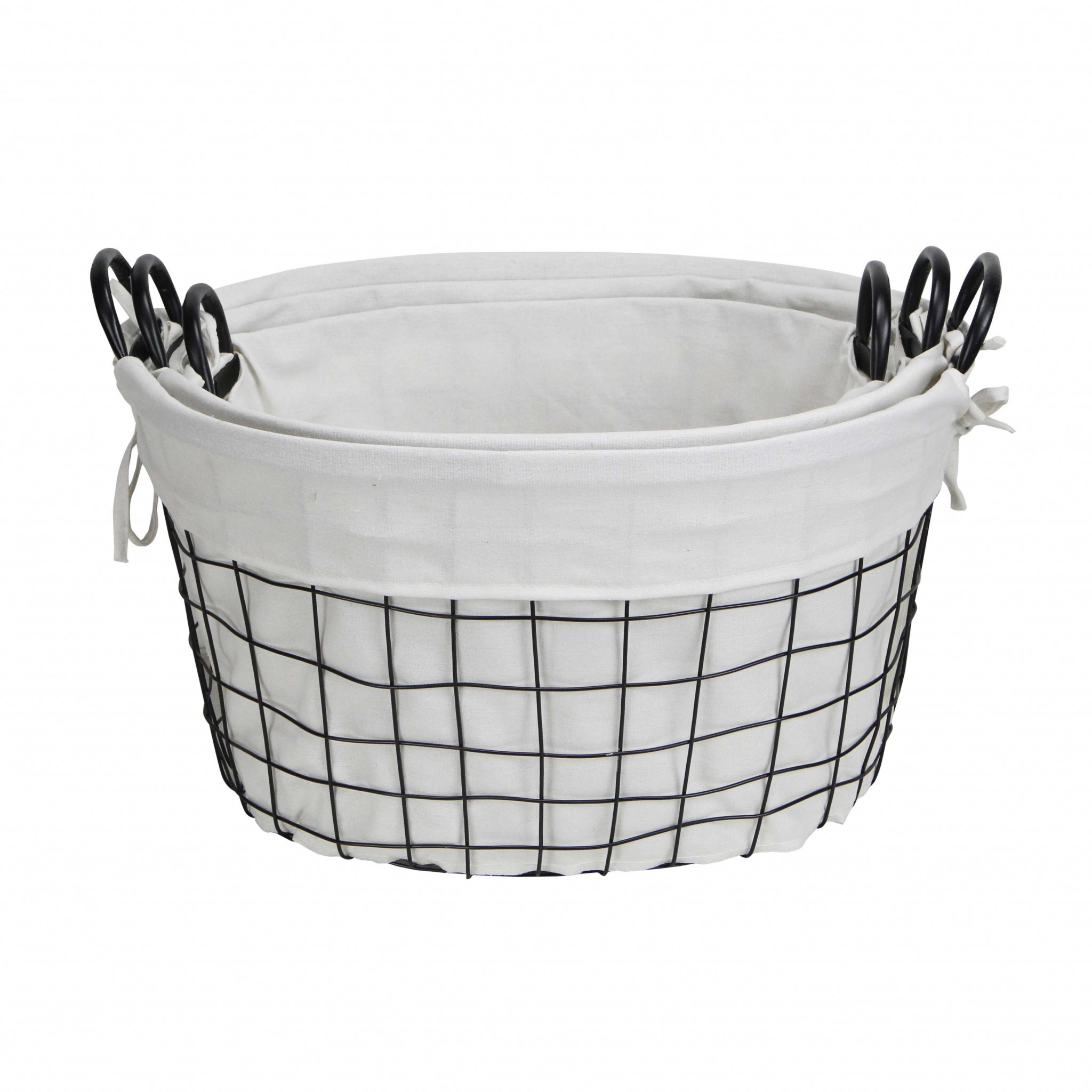 Set Of Three Black Oval Wire Baskets with White Fabric Liners and Handles - Image 2