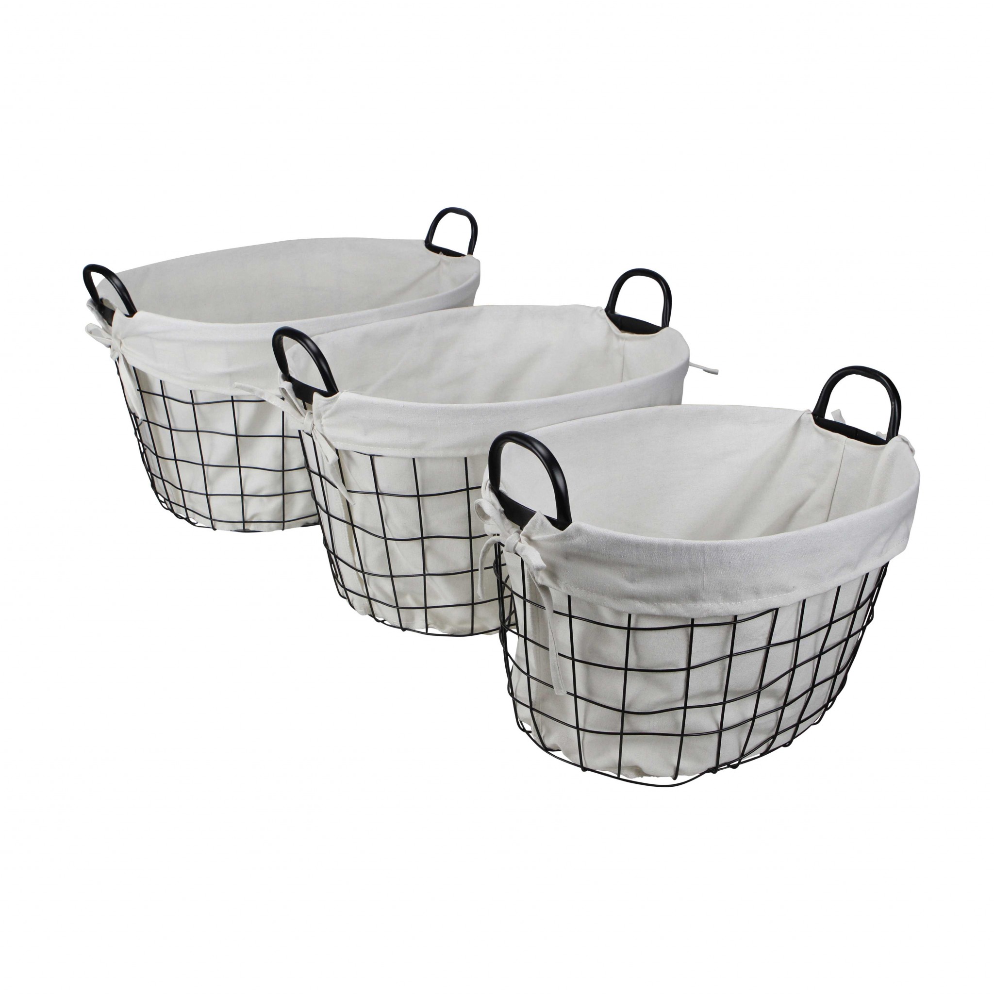 Set Of Three Black Oval Wire Baskets with White Fabric Liners and Handles - Image 6