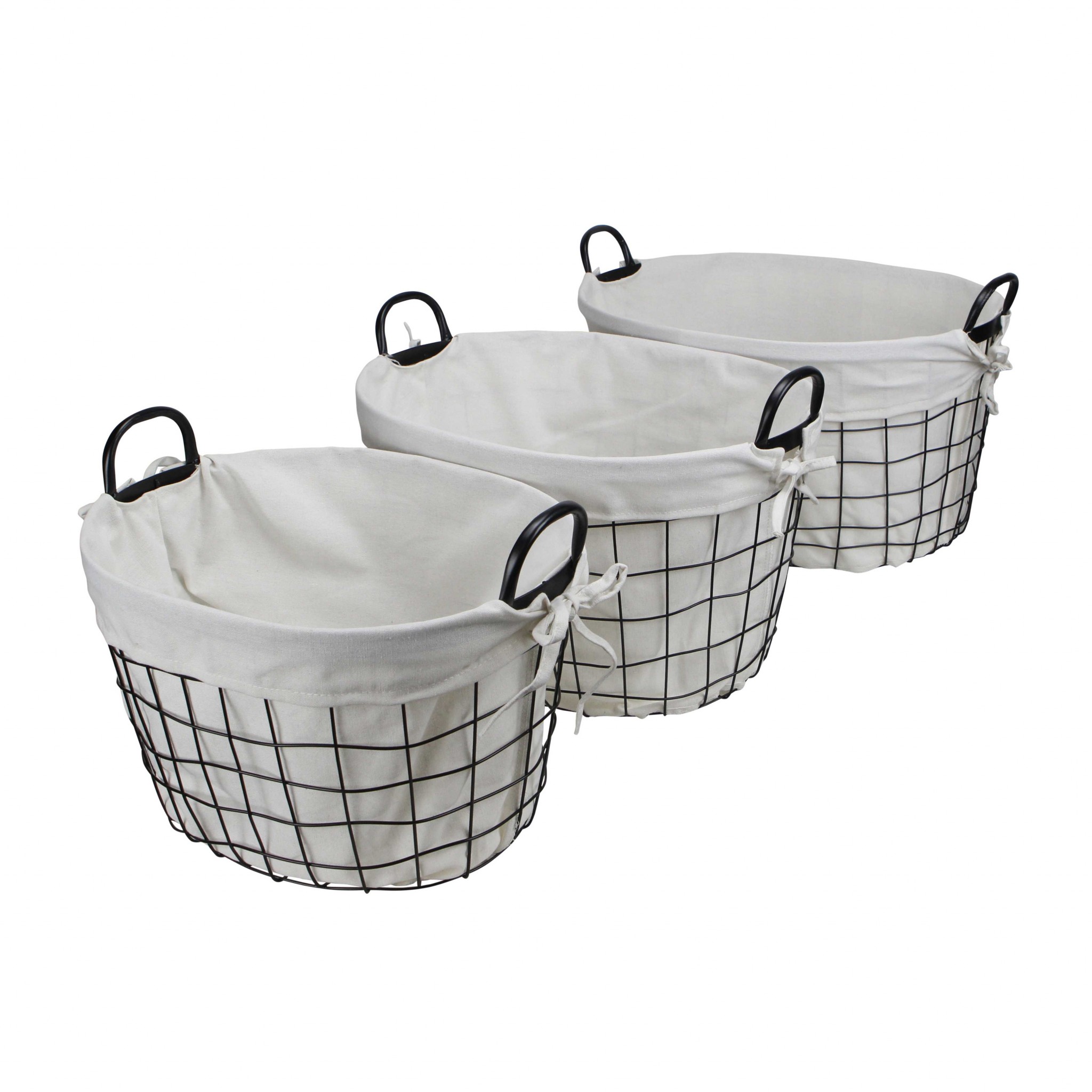 Set Of Three Black Oval Wire Baskets with White Fabric Liners and Handles - Image 7
