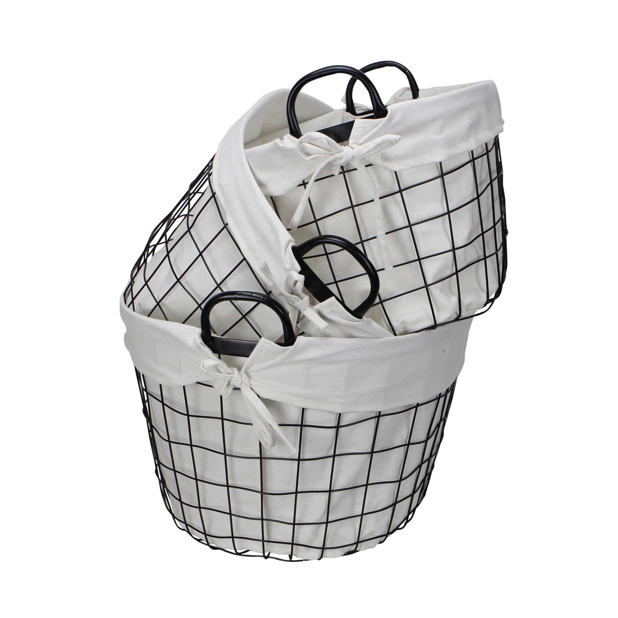 Set Of Three Black Oval Wire Baskets with White Fabric Liners and Handles - Image 4