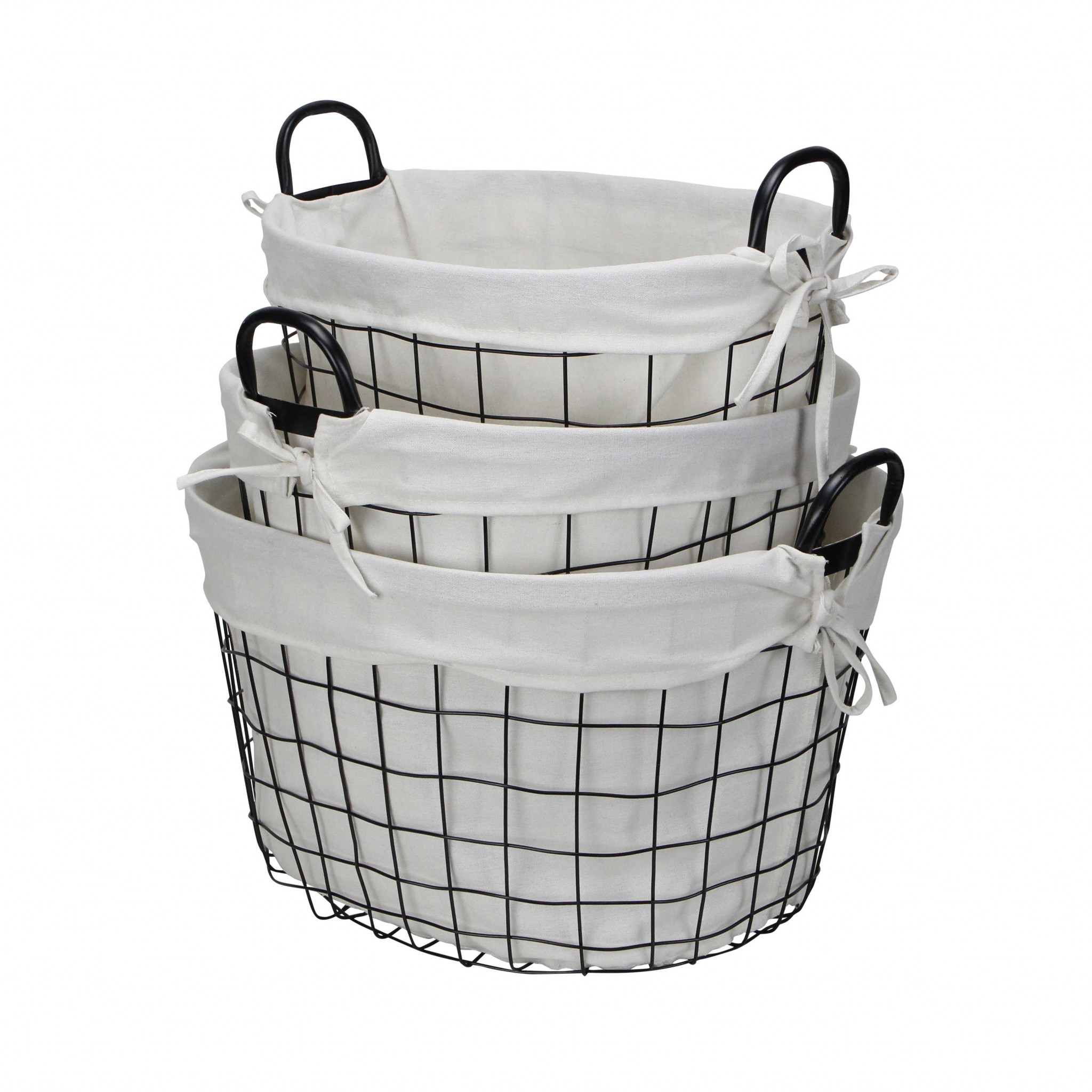 Set Of Three Black Oval Wire Baskets with White Fabric Liners and Handles - Image 5