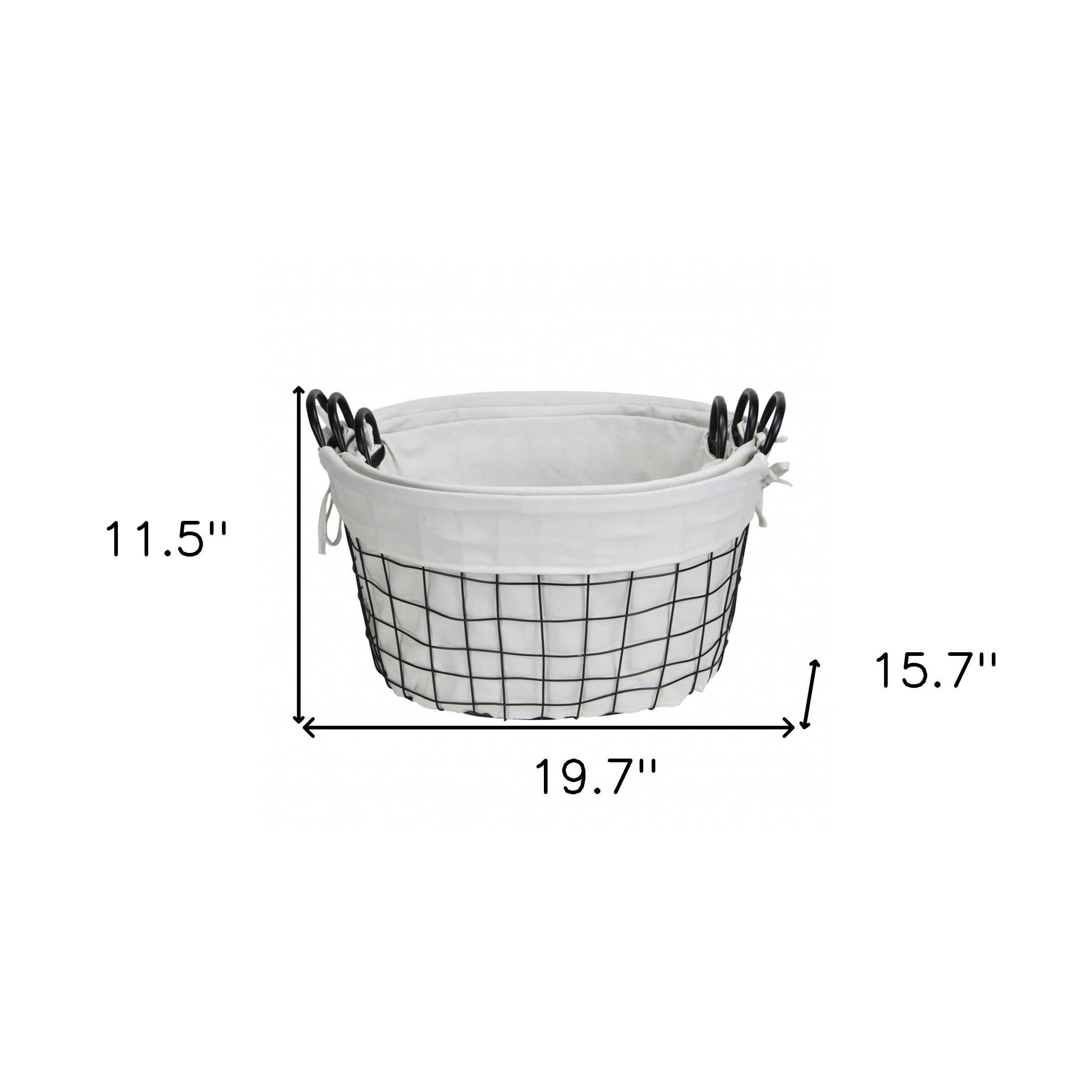 Set Of Three Black Oval Wire Baskets with White Fabric Liners and Handles - Image 10
