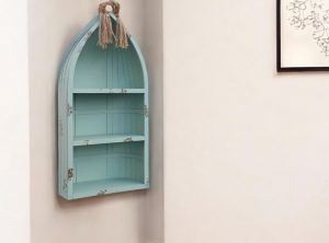34" Aqua Blue Wood Canoe Hanging Shelf
