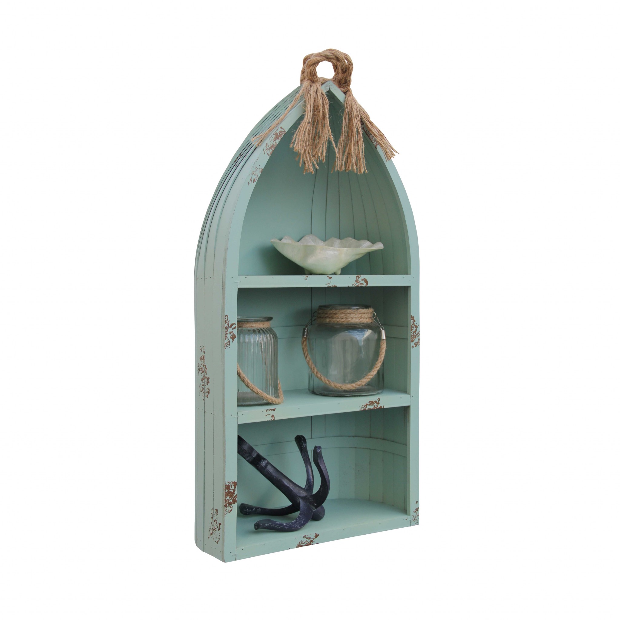 34" Aqua Blue Wood Canoe Hanging Shelf - Image 6