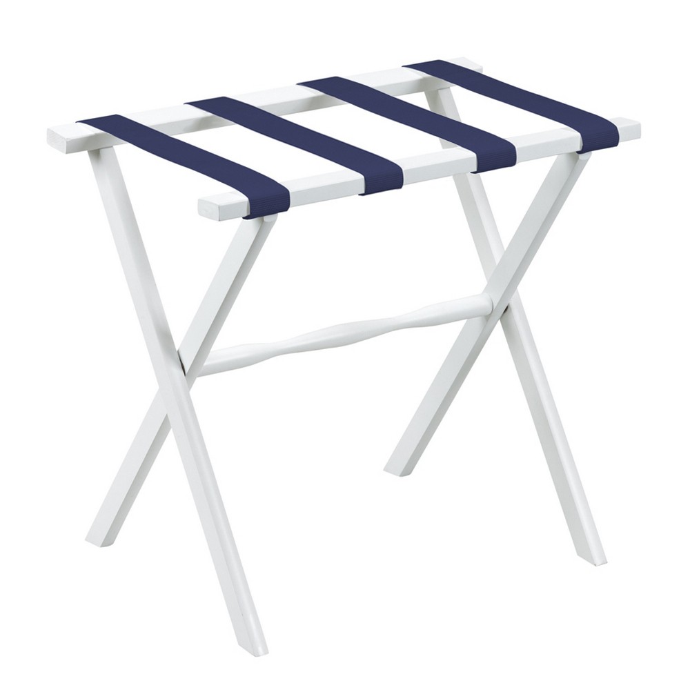 Hotel White Finish Wood Folding Luggage Rack With Navy Straps - Image 2