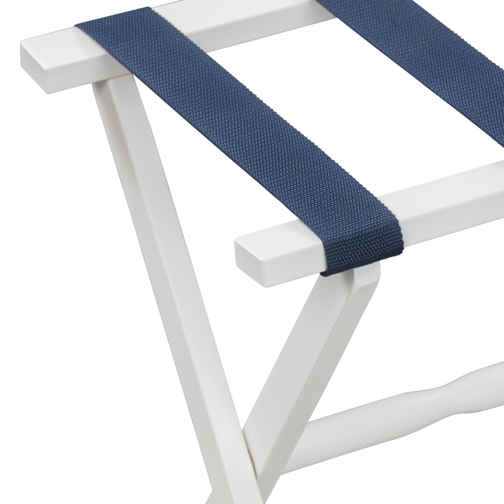 Hotel White Finish Wood Folding Luggage Rack With Navy Straps - Image 5
