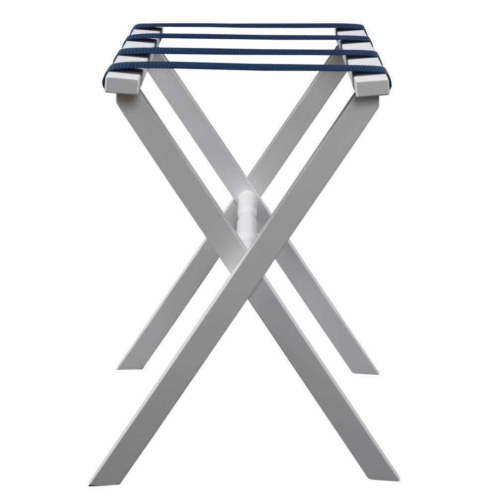 Hotel White Finish Wood Folding Luggage Rack With Navy Straps - Image 3