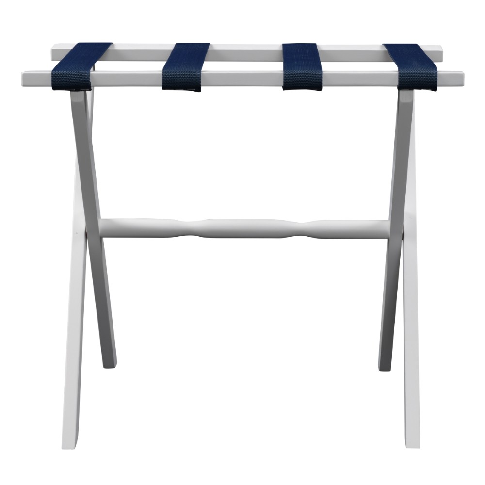 Hotel White Finish Wood Folding Luggage Rack With Navy Straps - Image 4