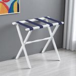 Hotel White Finish Wood Folding Luggage Rack With Navy Straps