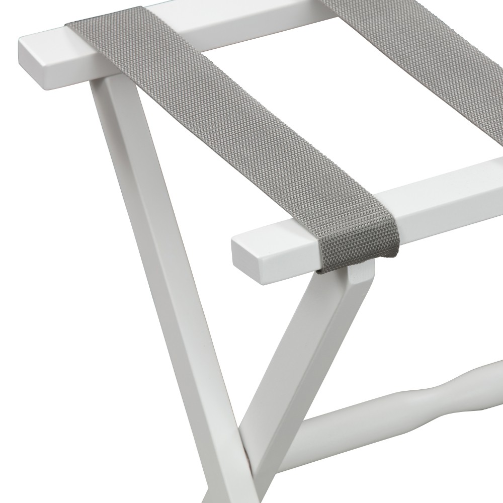Hotel White Finish Wood Folding Luggage Rack With Gray Straps - Image 5