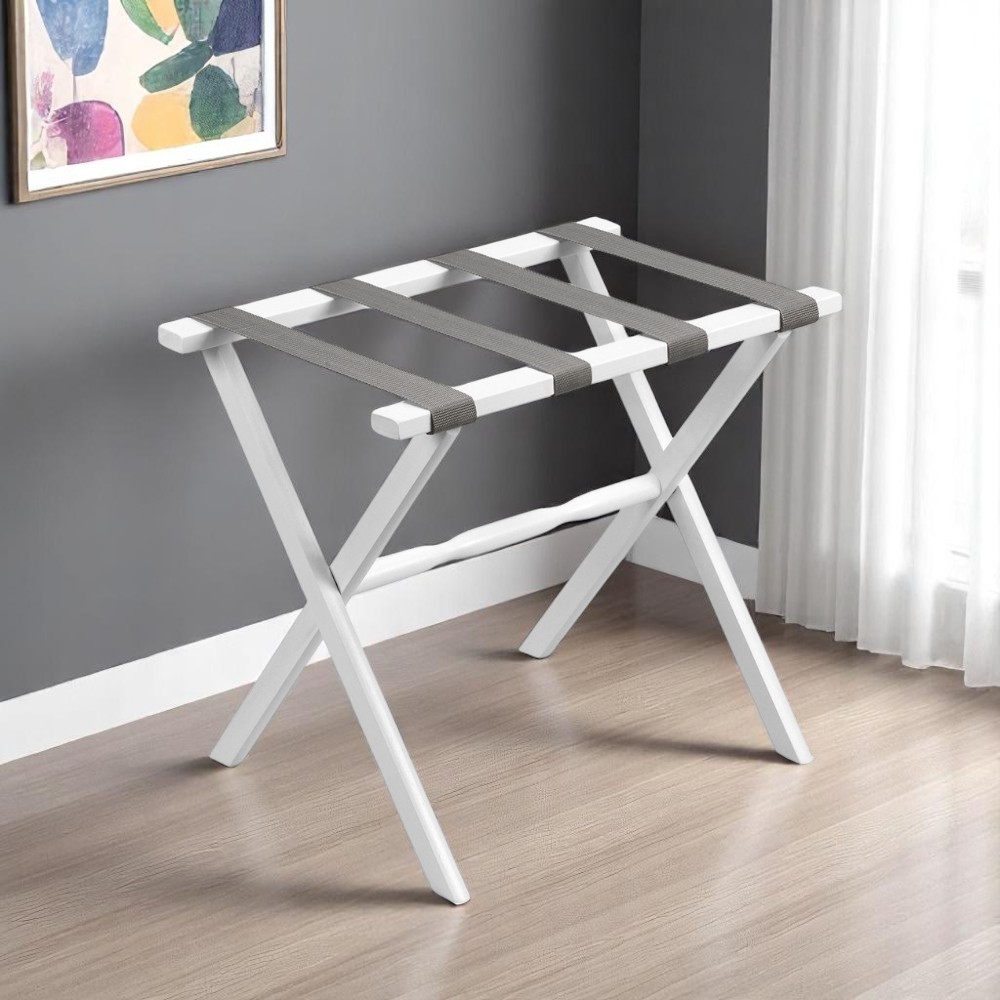 Hotel White Finish Wood Folding Luggage Rack With Gray Straps