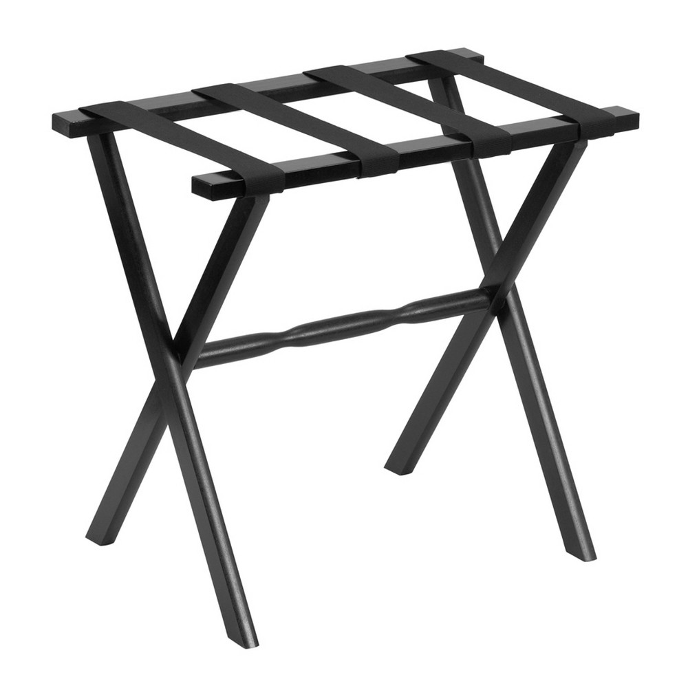 Hotel Black Finish Wood Folding Luggage Rack With Black Straps - Image 2