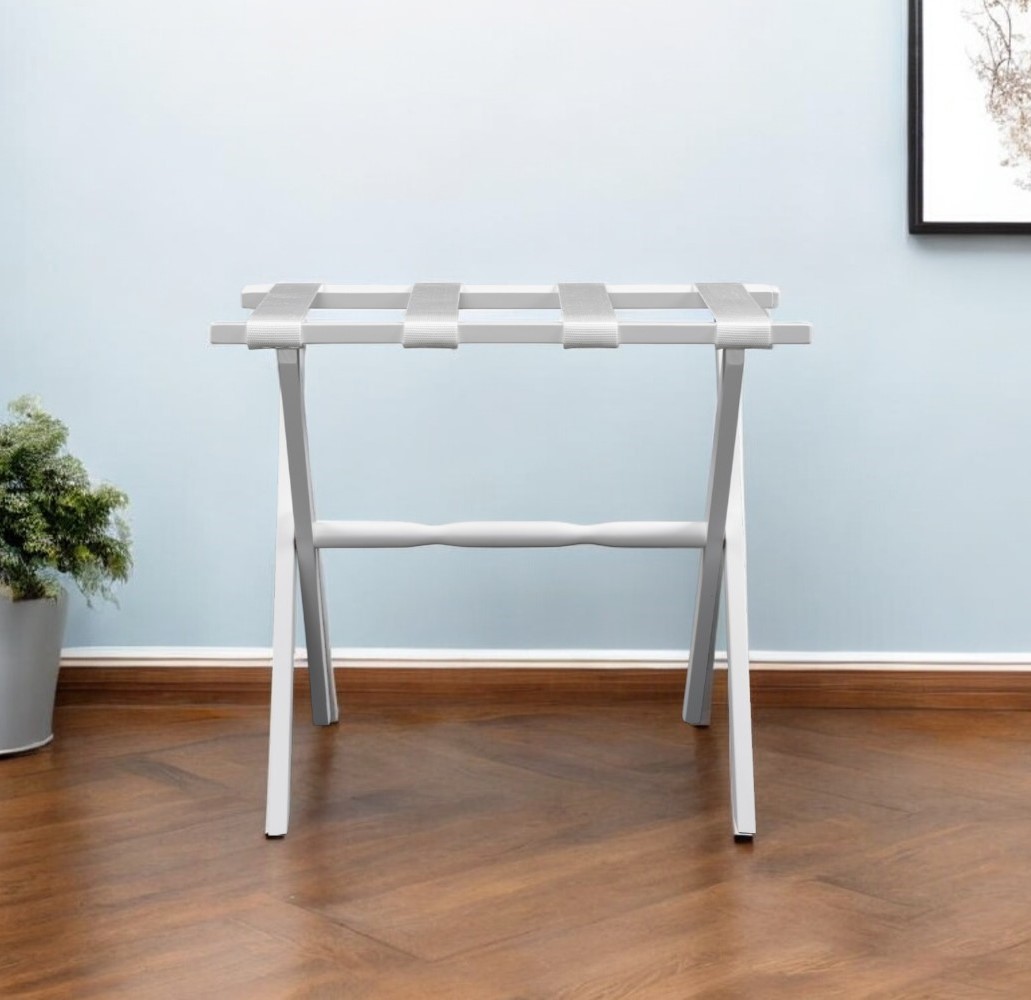 Hotel Ivory Finish Wood Folding Luggage Rack With Tan Straps