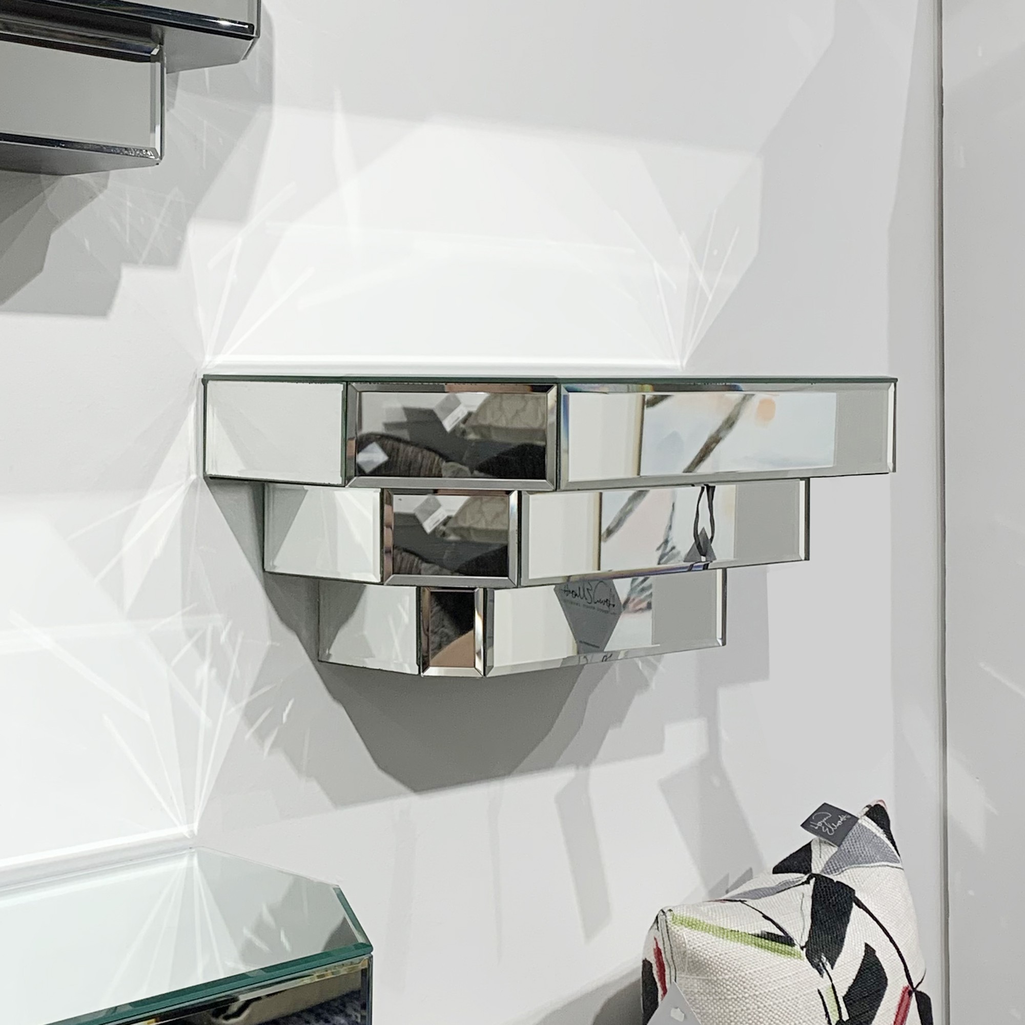 16" Silver Mirrored Glass Hanging Dimensional Floating Shelf - Image 4